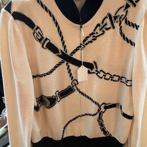 St. John by Marie Grey Cream and Black Equestrian Chain Pattern Cardigan